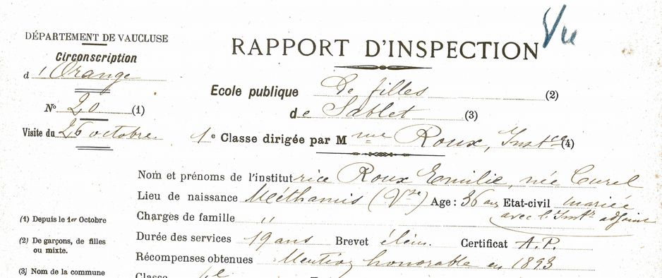 Rapport d'inspection d'Émilie Curel, 26 octobre 1901 (AD Vaucluse 1 T 327)